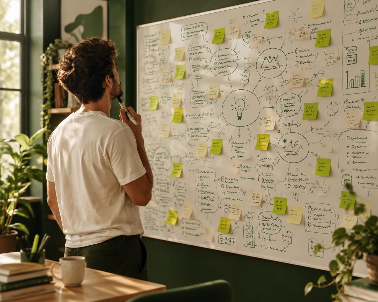 Whiteboard covered with dozens of product ideas