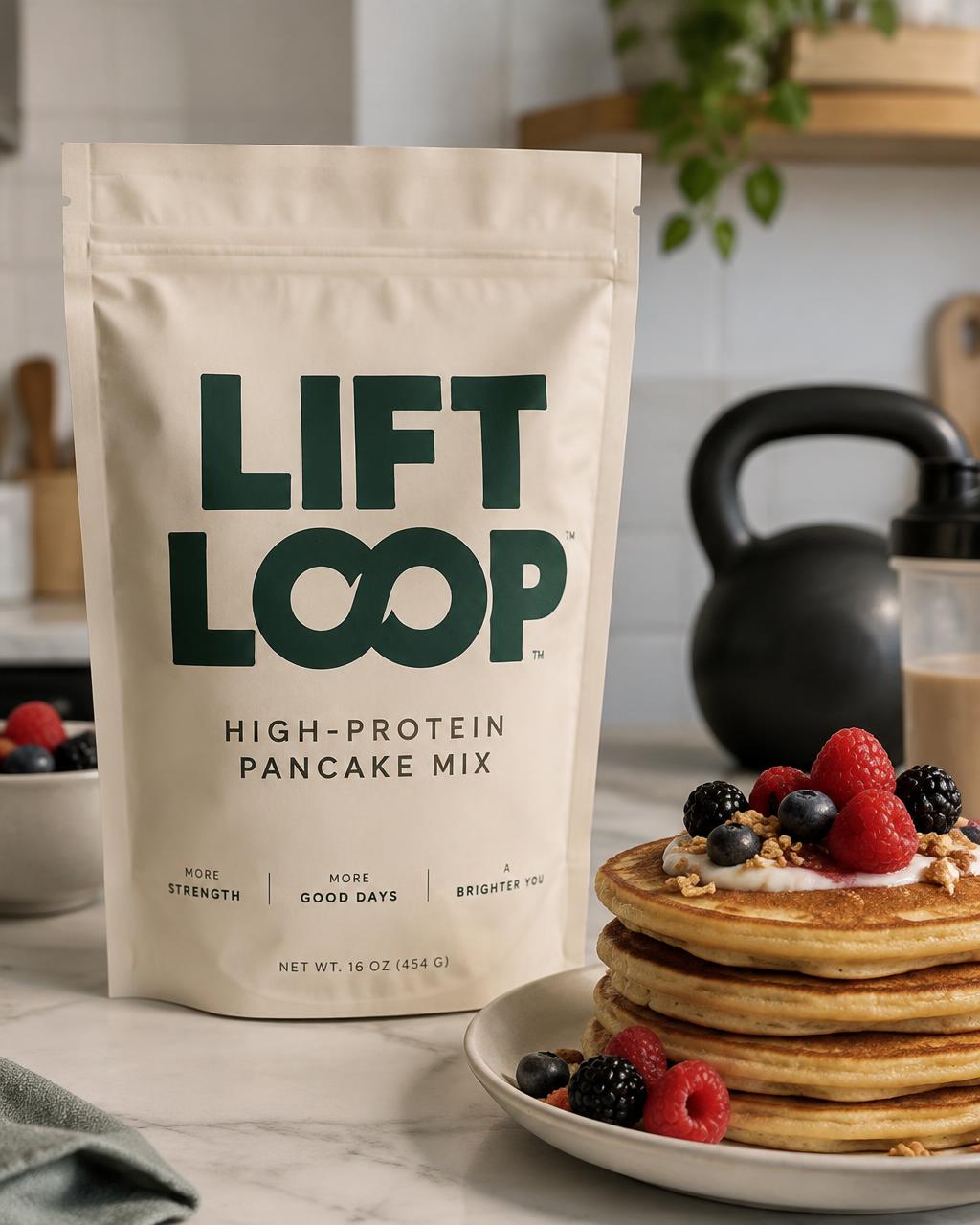 LIFT LOOP High-protein pancake mix concept packaging, fictional product
